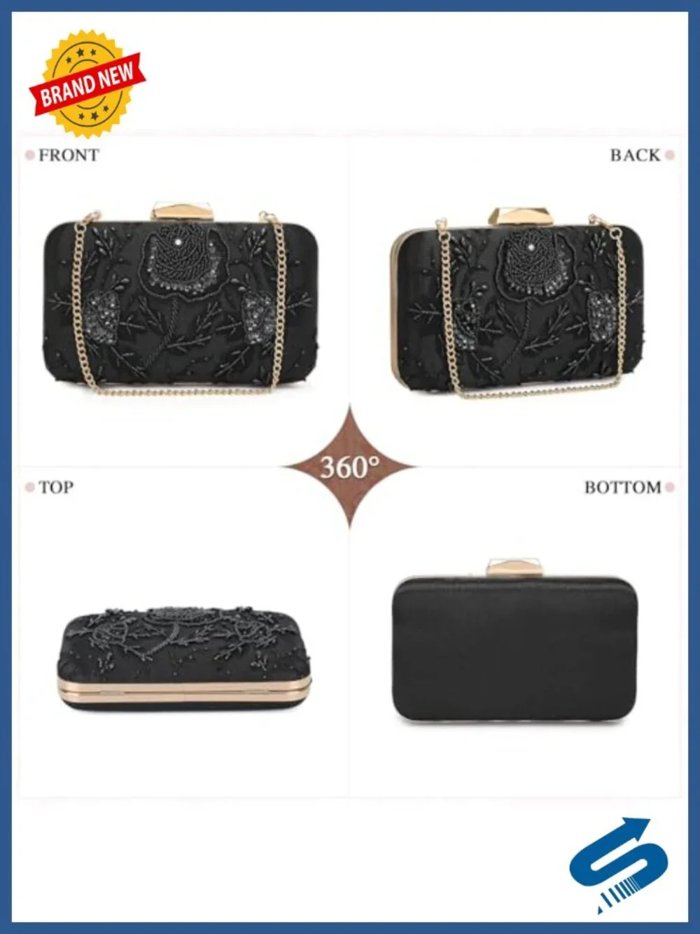 Embroidered Sequin Beaded Evening Clutch Wristlet Crossbody Bag for Women